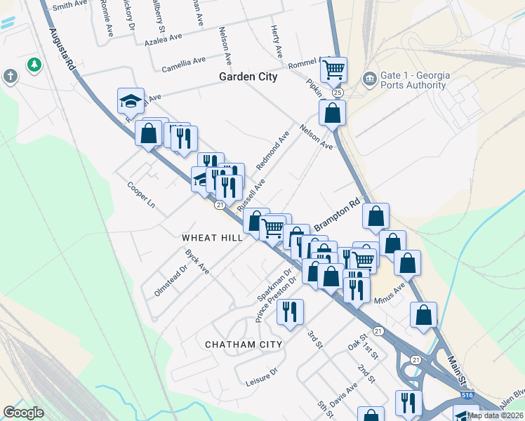 map of restaurants, bars, coffee shops, grocery stores, and more near 93 Bays Avenue in Savannah