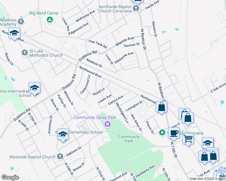 map of restaurants, bars, coffee shops, grocery stores, and more near 628 Mockingbird Circle in Corsicana