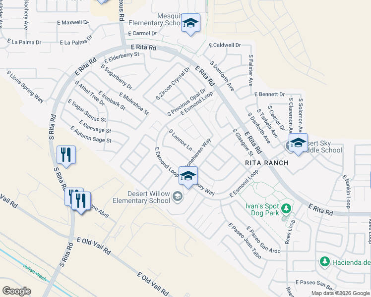 map of restaurants, bars, coffee shops, grocery stores, and more near 7948 South Lennox Lane in Tucson