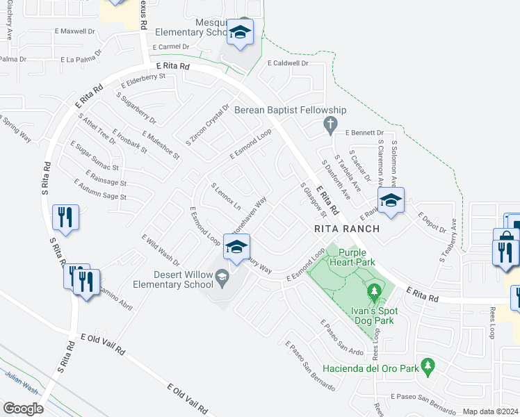 map of restaurants, bars, coffee shops, grocery stores, and more near 9478 East Stonehaven Way in Tucson