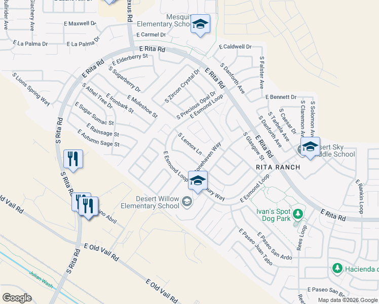 map of restaurants, bars, coffee shops, grocery stores, and more near 7948 South Lennox Lane in Tucson
