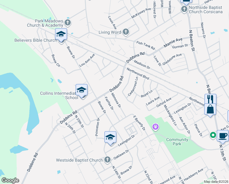 map of restaurants, bars, coffee shops, grocery stores, and more near 2017 Mimosa Drive in Corsicana
