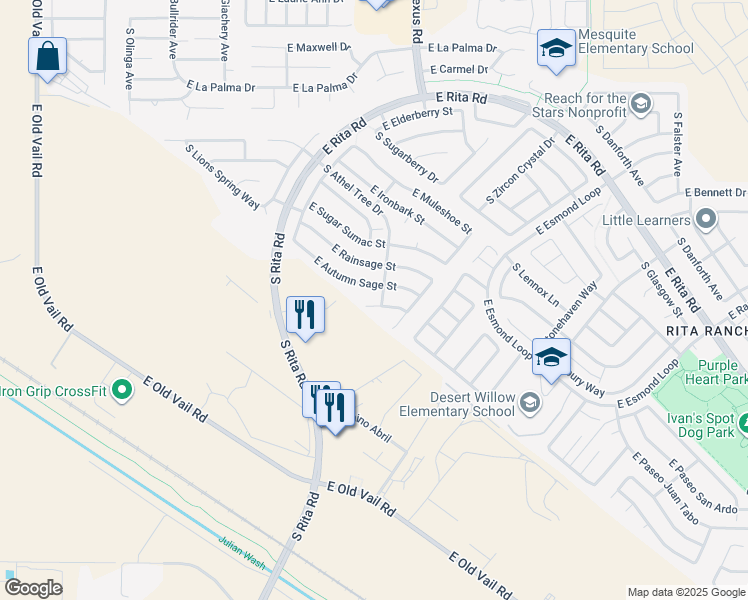 map of restaurants, bars, coffee shops, grocery stores, and more near 9077 East Lippia Street in Tucson