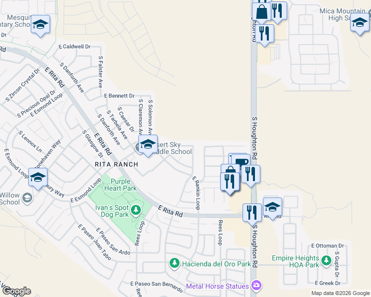 map of restaurants, bars, coffee shops, grocery stores, and more near 10028 East Moonstruck Way in Tucson