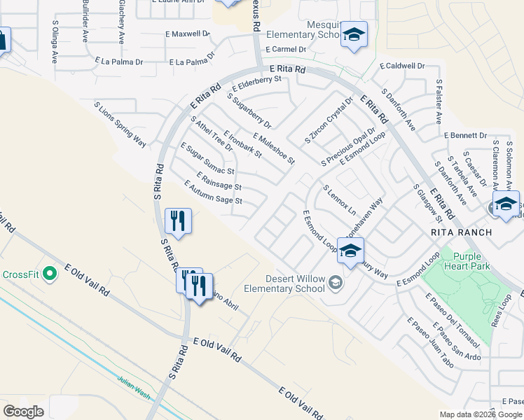 map of restaurants, bars, coffee shops, grocery stores, and more near 9144 East Autumn Sage Street in Tucson