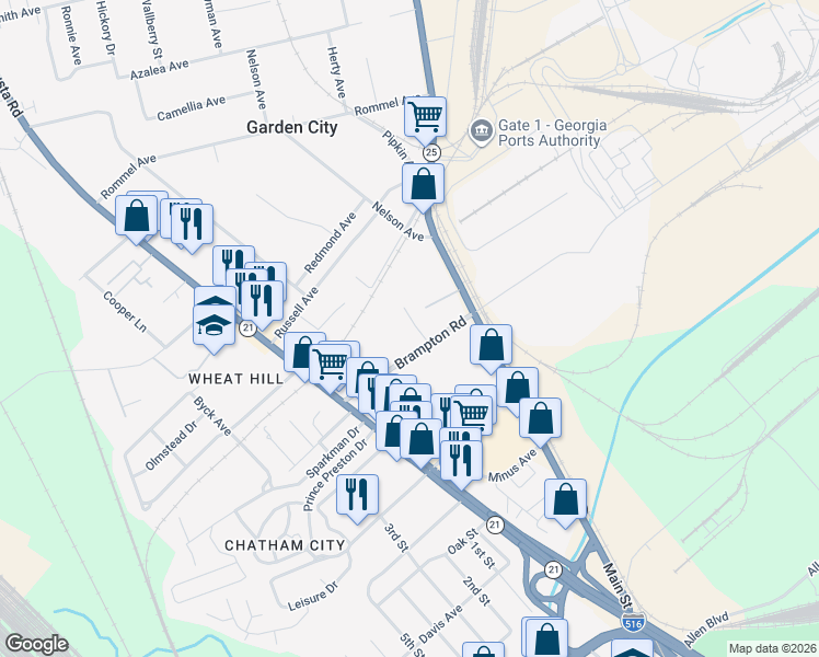 map of restaurants, bars, coffee shops, grocery stores, and more near 9 Elm Street in Savannah