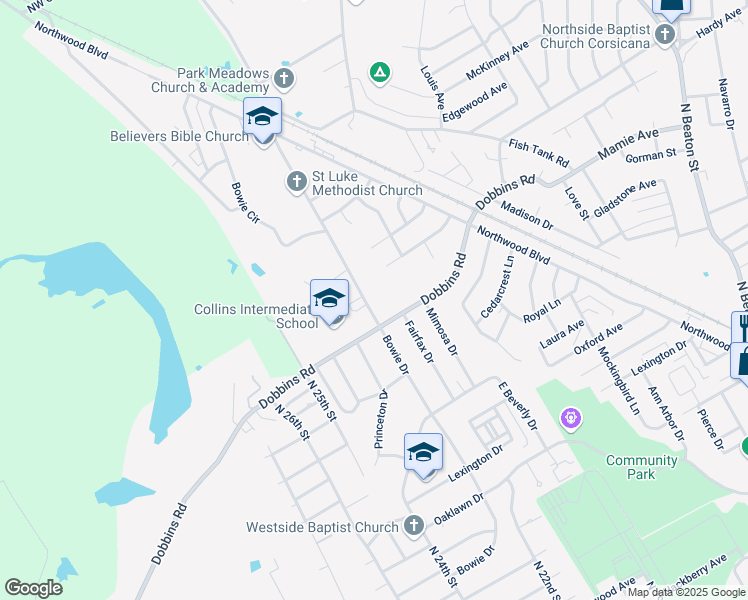 map of restaurants, bars, coffee shops, grocery stores, and more near 2107 Bowie Drive in Corsicana