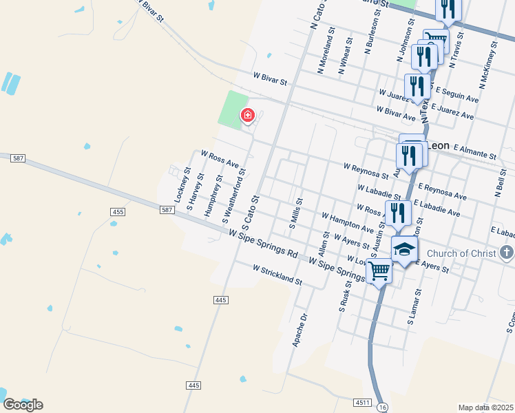map of restaurants, bars, coffee shops, grocery stores, and more near 509 South Cato Street in De Leon