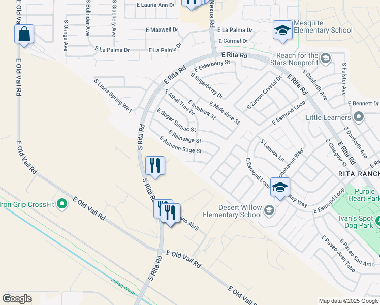 map of restaurants, bars, coffee shops, grocery stores, and more near 9077 East Lippia Street in Tucson