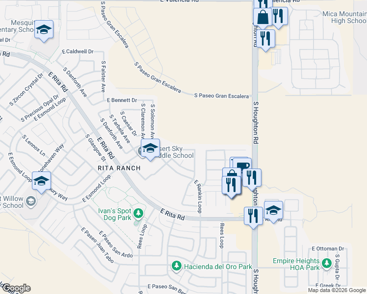 map of restaurants, bars, coffee shops, grocery stores, and more near 10009 East Moonstruck Way in Tucson