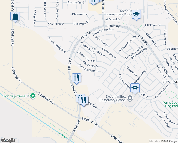 map of restaurants, bars, coffee shops, grocery stores, and more near 9077 East Lippia Street in Tucson