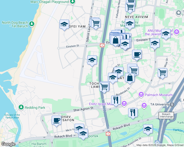 map of restaurants, bars, coffee shops, grocery stores, and more near Yehuda Burla Street in Tel Aviv-Yafo