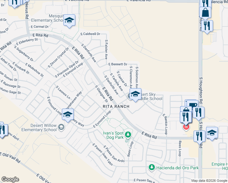map of restaurants, bars, coffee shops, grocery stores, and more near 7949 South Glasgow Street in Tucson