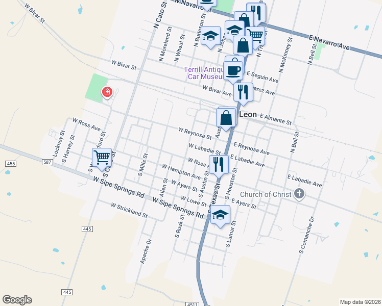 map of restaurants, bars, coffee shops, grocery stores, and more near 240 West Ross Avenue in De Leon