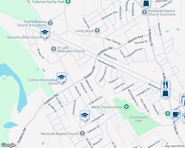 map of restaurants, bars, coffee shops, grocery stores, and more near 2112 Dartmouth Lane in Corsicana