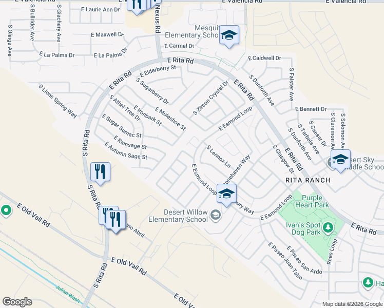 map of restaurants, bars, coffee shops, grocery stores, and more near 9285 East Bent Creek Way in Tucson