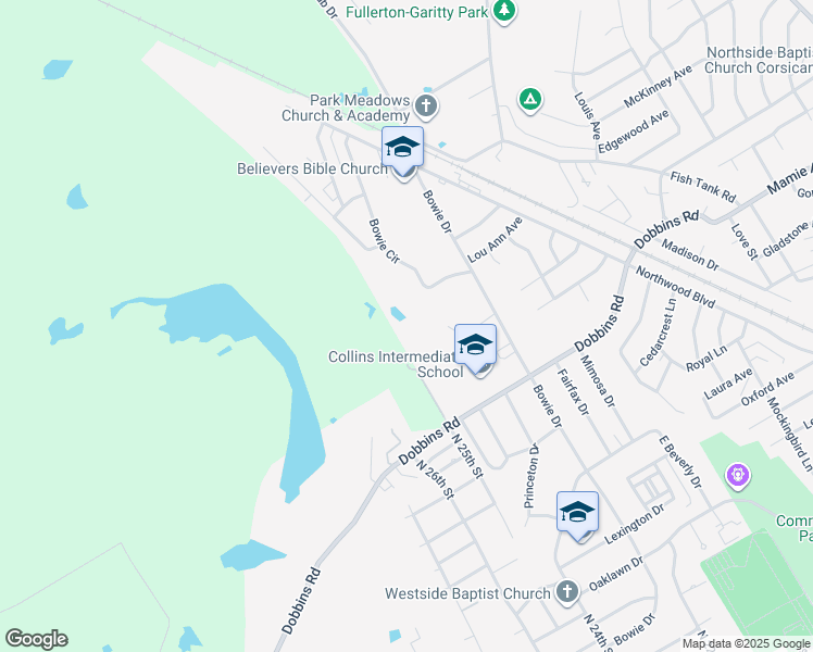 map of restaurants, bars, coffee shops, grocery stores, and more near 1425 Bowie Circle in Corsicana