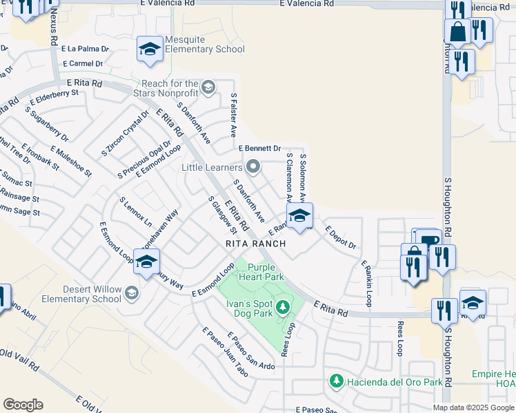 map of restaurants, bars, coffee shops, grocery stores, and more near 7905 South Danforth Avenue in Tucson