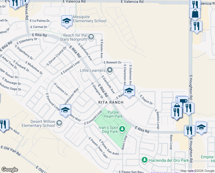 map of restaurants, bars, coffee shops, grocery stores, and more near 7880 South Danforth Avenue in Tucson