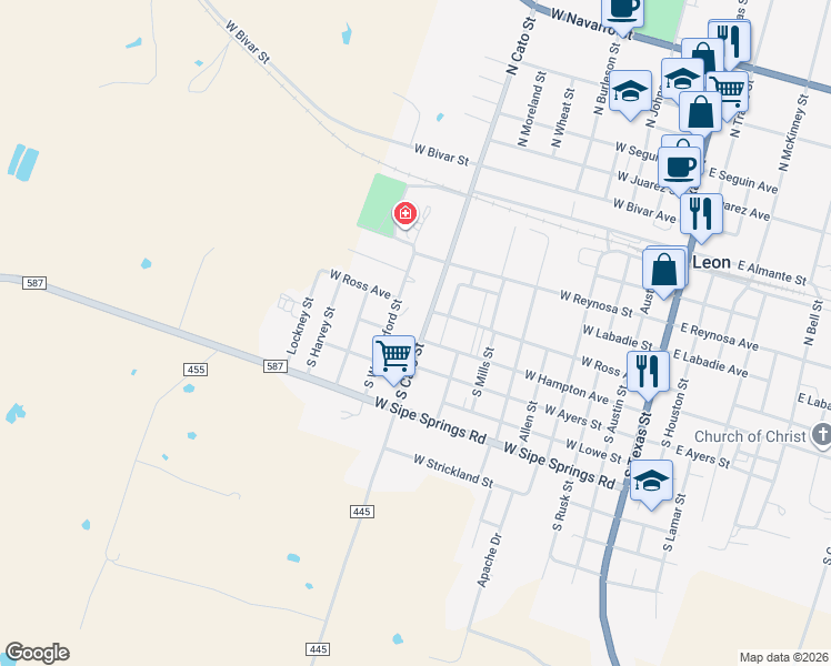 map of restaurants, bars, coffee shops, grocery stores, and more near 340 South Cato Street in De Leon