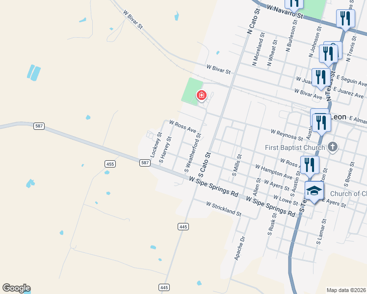 map of restaurants, bars, coffee shops, grocery stores, and more near in De Leon