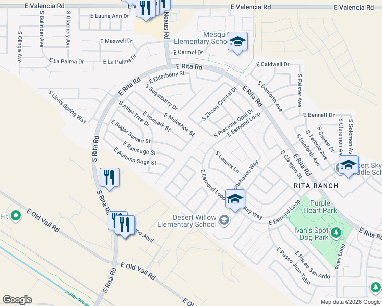 map of restaurants, bars, coffee shops, grocery stores, and more near 9237 East Bent Creek Way in Tucson