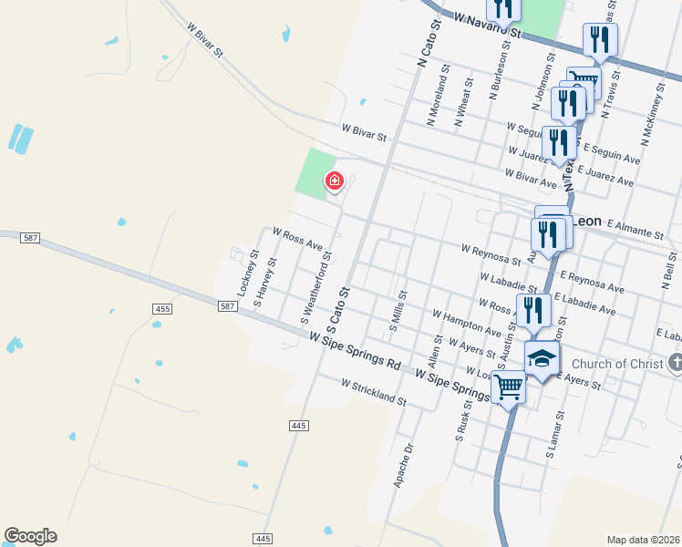 map of restaurants, bars, coffee shops, grocery stores, and more near 340 South Cato Street in De Leon