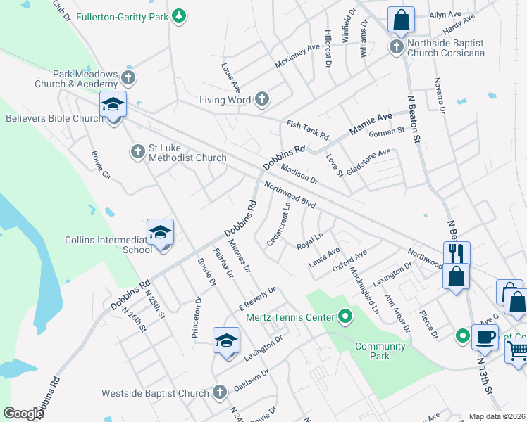 map of restaurants, bars, coffee shops, grocery stores, and more near 2112 Dartmouth Lane in Corsicana