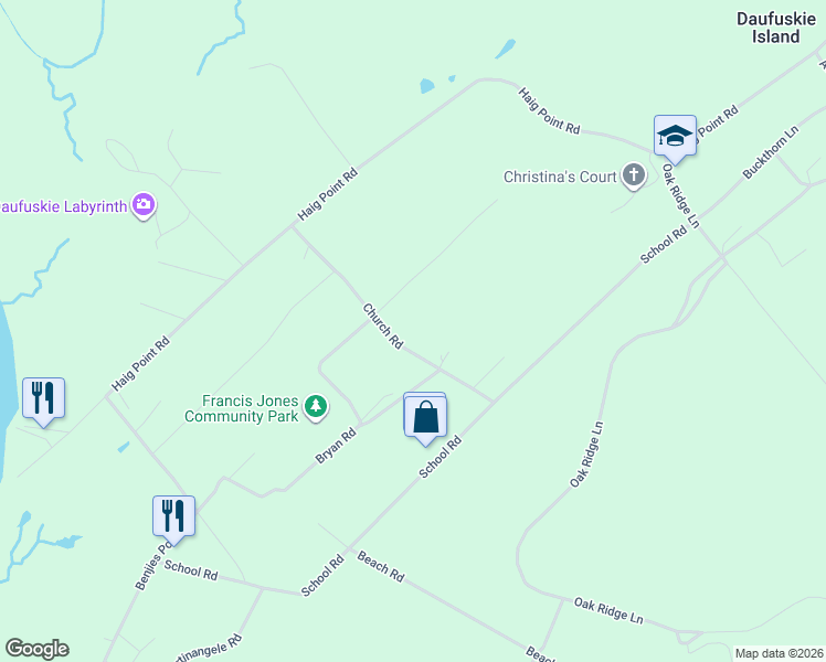 map of restaurants, bars, coffee shops, grocery stores, and more near 49 Church Road in Daufuskie Island