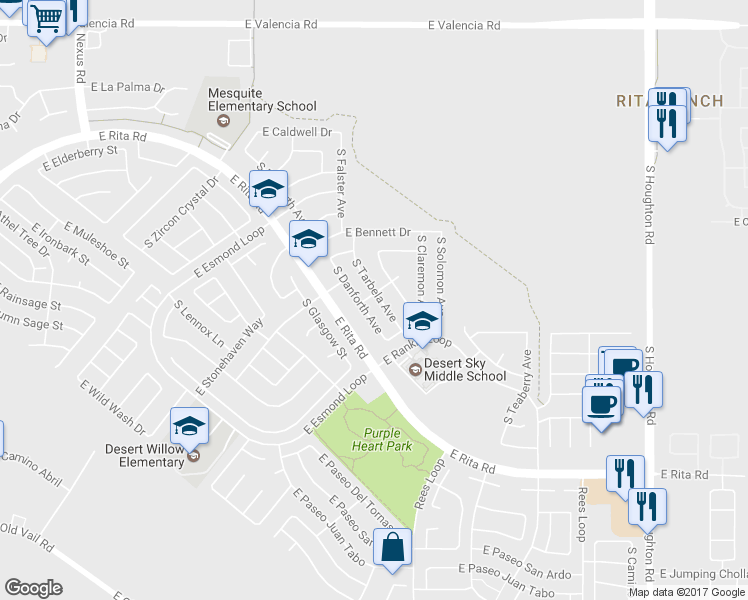 map of restaurants, bars, coffee shops, grocery stores, and more near 7850 South Tarbela Avenue in Tucson