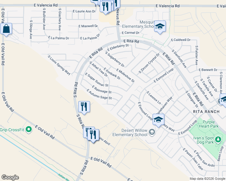 map of restaurants, bars, coffee shops, grocery stores, and more near 9119 East Rainsage Street in Tucson