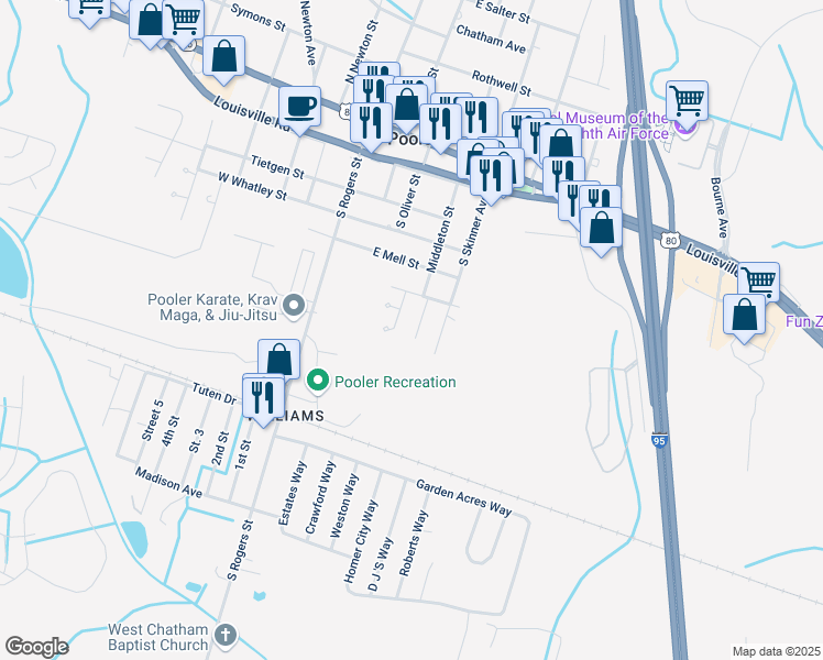 map of restaurants, bars, coffee shops, grocery stores, and more near 610 Ryan Lane in Pooler