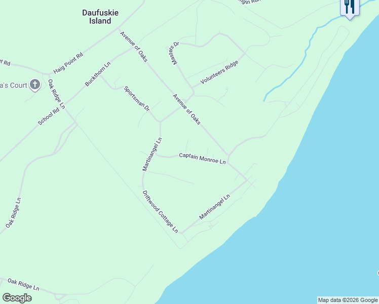 map of restaurants, bars, coffee shops, grocery stores, and more near 26 Captain Monroe Lane in Daufuskie Island