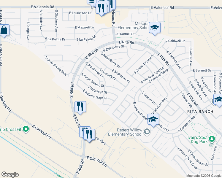 map of restaurants, bars, coffee shops, grocery stores, and more near 9137 East Rainsage Street in Tucson