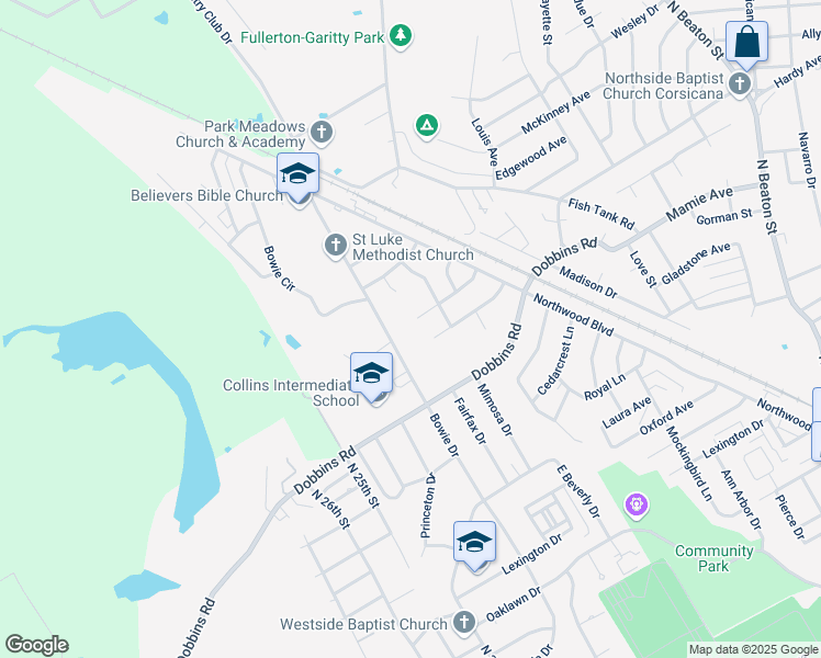 map of restaurants, bars, coffee shops, grocery stores, and more near 1113 Woodcastle Drive in Corsicana
