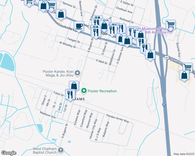 map of restaurants, bars, coffee shops, grocery stores, and more near 613 Ryan Lane in Pooler