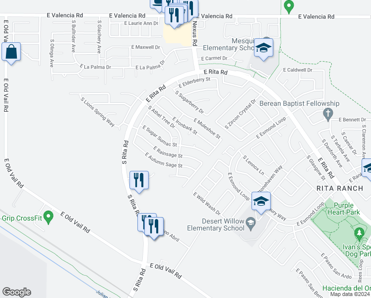 map of restaurants, bars, coffee shops, grocery stores, and more near 9116 East Sugar Sumac Street in Tucson