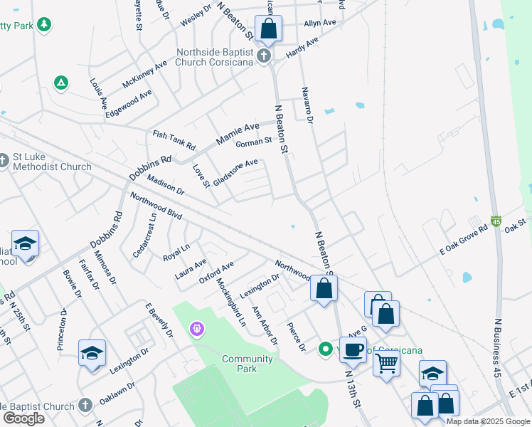 map of restaurants, bars, coffee shops, grocery stores, and more near 1900 Cambridge Street in Corsicana