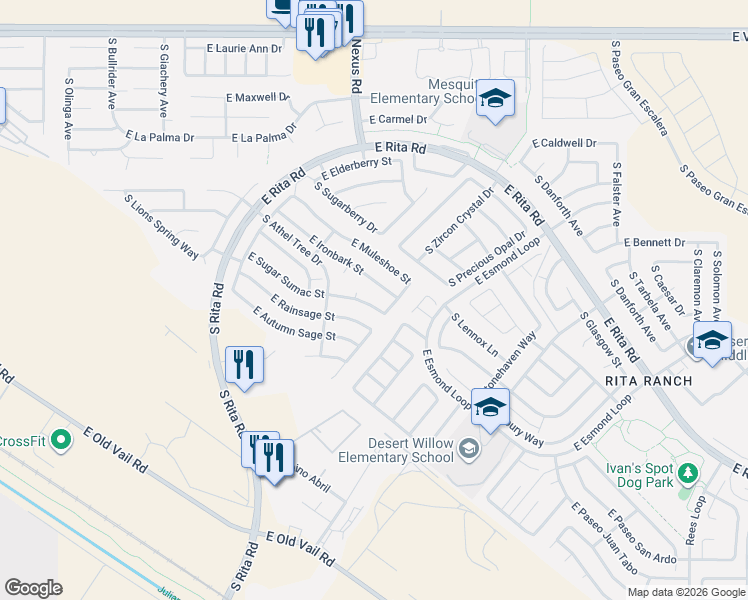 map of restaurants, bars, coffee shops, grocery stores, and more near 9205 South Wild Primrose Avenue in Tucson