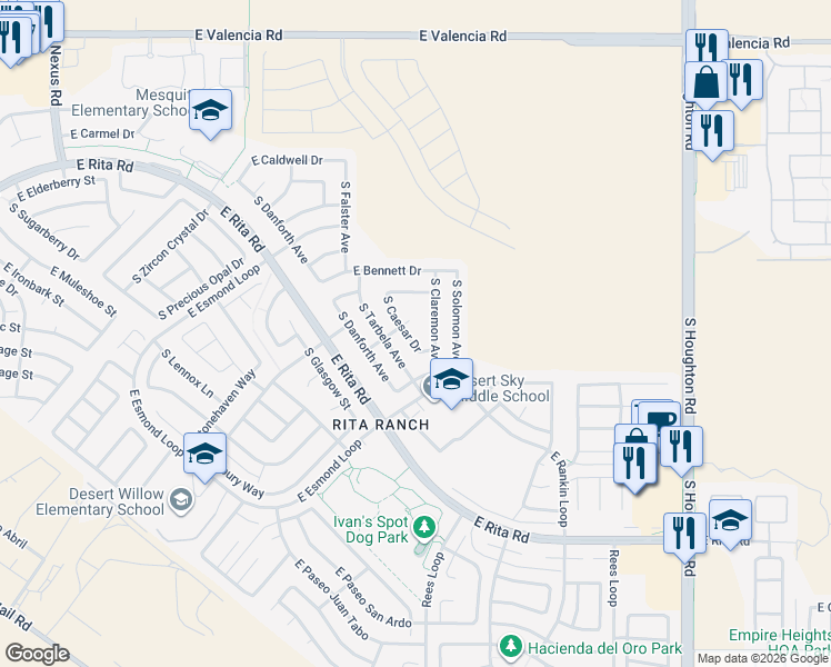 map of restaurants, bars, coffee shops, grocery stores, and more near 7859 South Claremon Avenue in Tucson