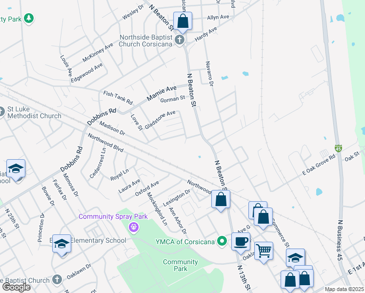 map of restaurants, bars, coffee shops, grocery stores, and more near 1900 Cambridge Street in Corsicana