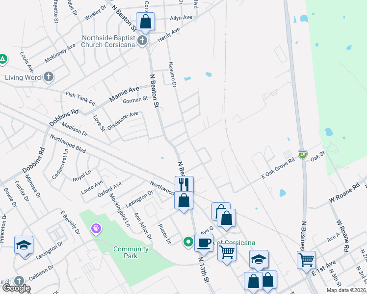 map of restaurants, bars, coffee shops, grocery stores, and more near 1713 North Beaton Street in Corsicana
