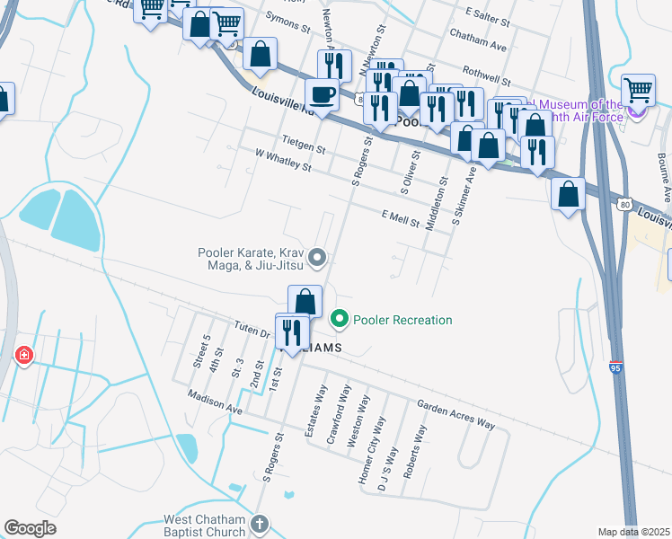 map of restaurants, bars, coffee shops, grocery stores, and more near 806 South Rogers Street in Pooler