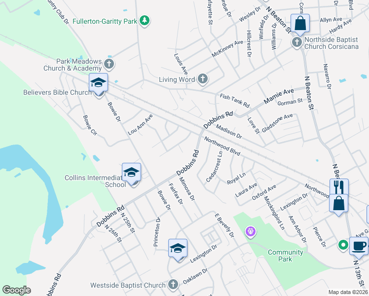 map of restaurants, bars, coffee shops, grocery stores, and more near 2200 Highland Circle in Corsicana