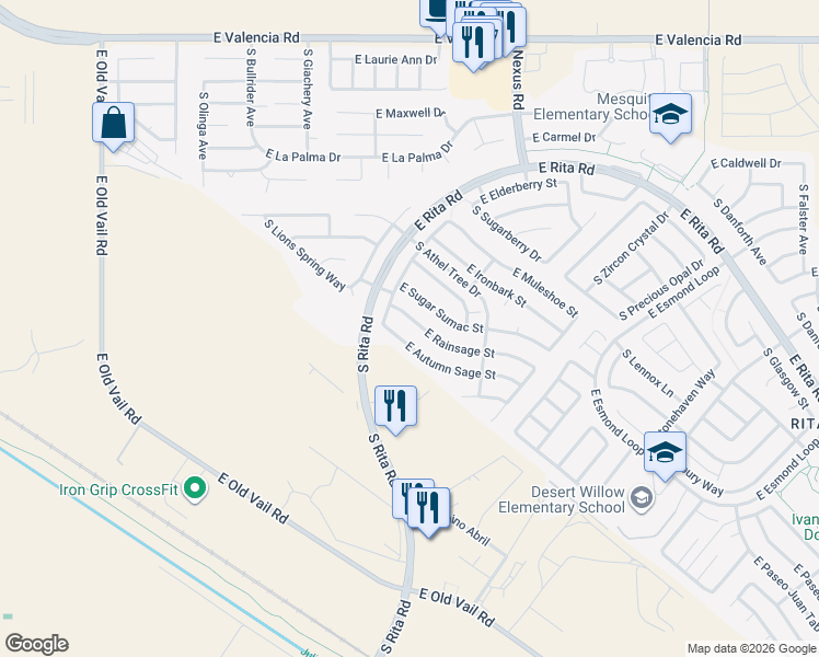 map of restaurants, bars, coffee shops, grocery stores, and more near 8934 East Autumn Sage Street in Tucson