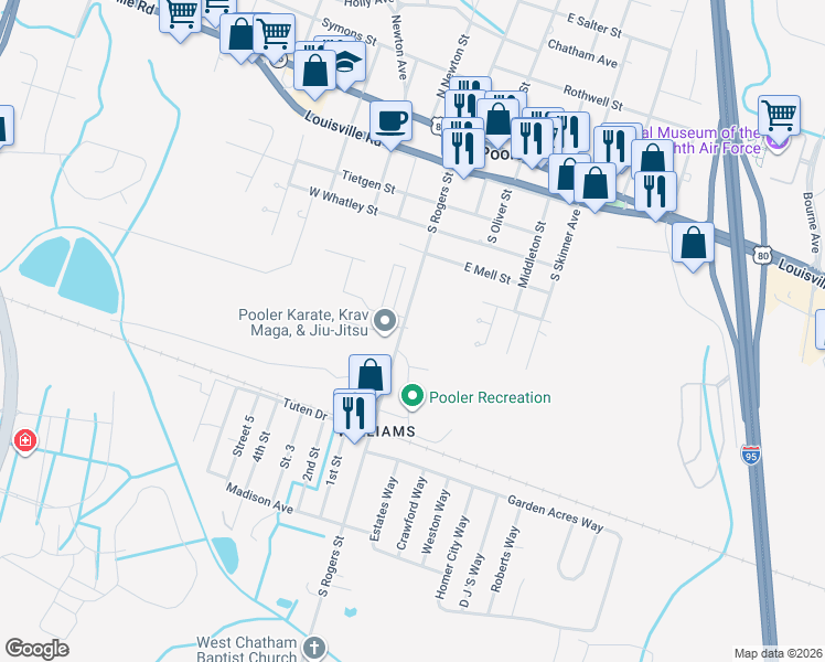 map of restaurants, bars, coffee shops, grocery stores, and more near 806 South Rogers Street in Pooler
