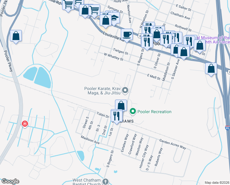 map of restaurants, bars, coffee shops, grocery stores, and more near 109 Live Oak Street in Pooler