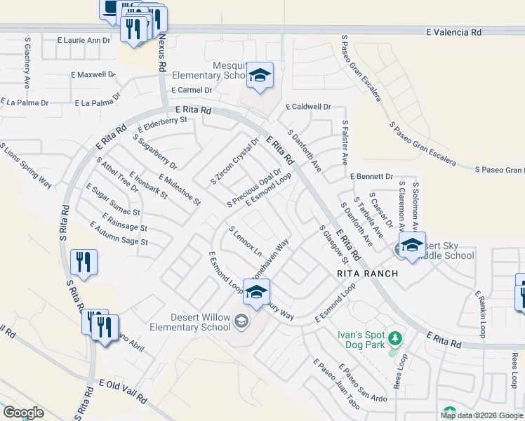 map of restaurants, bars, coffee shops, grocery stores, and more near 7821 South Kilbrennan Way in Tucson