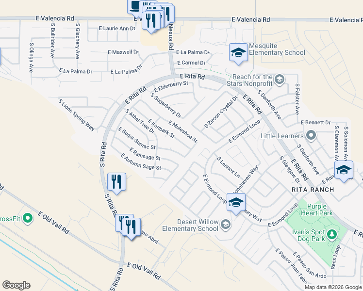 map of restaurants, bars, coffee shops, grocery stores, and more near 9218 East Ironbark Street in Tucson
