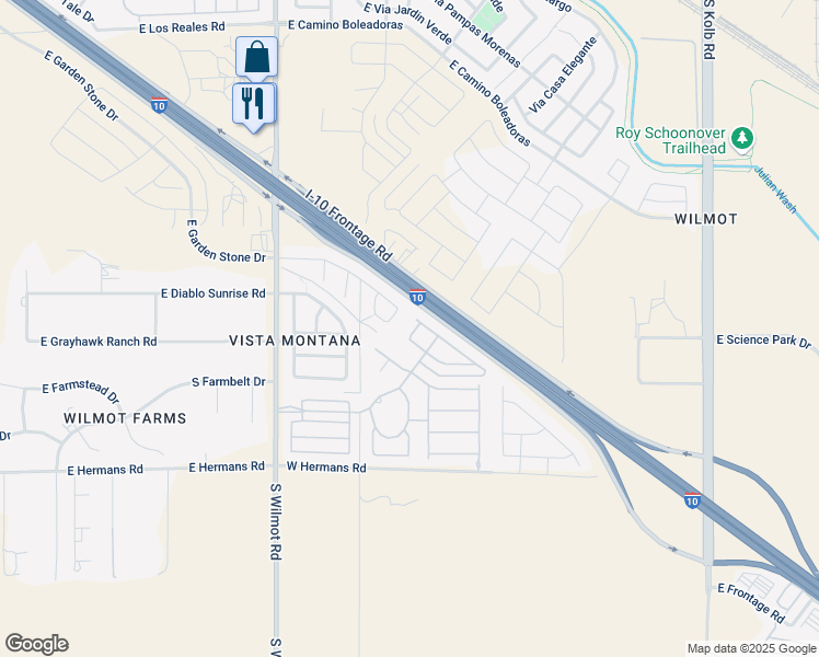 map of restaurants, bars, coffee shops, grocery stores, and more near 7844 South Splinter Way in Tucson
